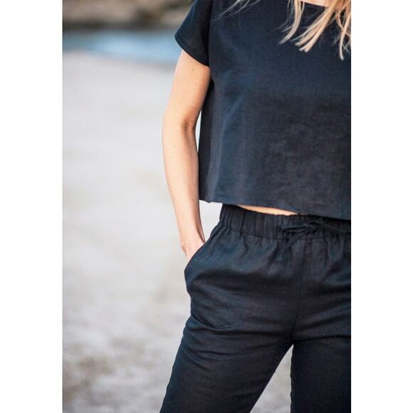 NWT Linen Handmade Studio 100% Linen‎ Kaia Pants Cream Tan Drawstring Relaxed - Picture 10 of 11